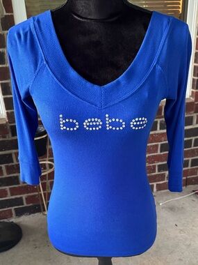 Bebe Vintage Swarovski Cobalt Blue Ribbed V-Neck 3/4 Sleeve Top M Made in USA